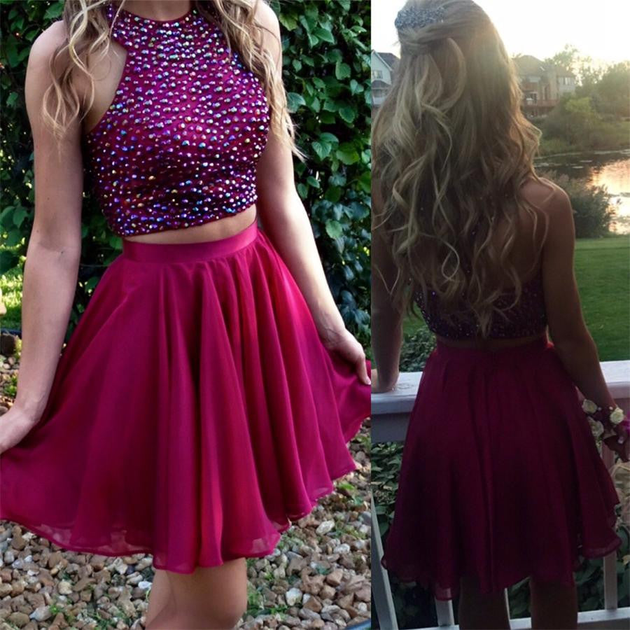 Pretty Sparkly Beaded Chiffon A-line Sleeveless Homecoming Dress K408