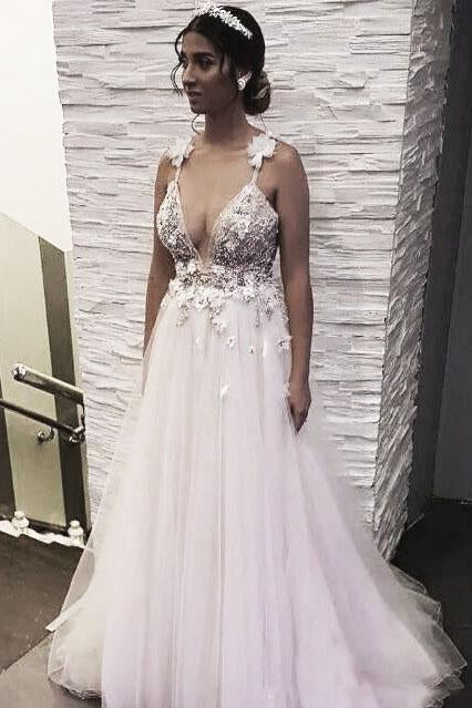 Floral Open Back Deep V-neck Straps Tulle Appliques Prom Dresses Wedding Dress OK180