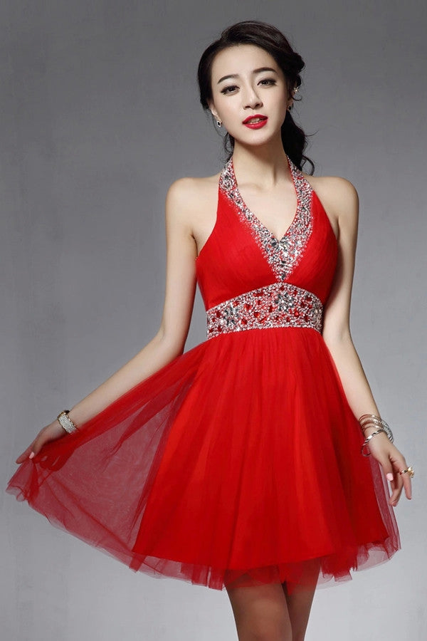 Halter Backless Red Beaded V-neck Homecoming Dress ED0832