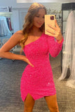 One Sleeve Hot Pink Sequins Short Party Dresses Homecoming Dresses OK1456