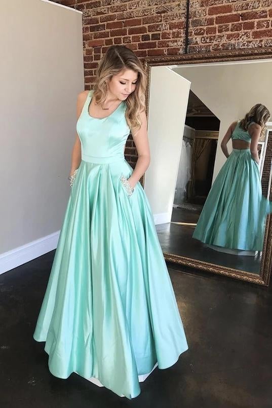 Mint Green Satin A-Line Long Prom Dress Cut Back With Beaded Pockets OK1218