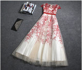 Beautiful Embroidery A-line Cap Sleeves Tulle Long Prom Dress Evening Dress OKT41