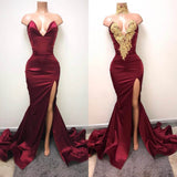 Elegant Burgundy Mermaid Appliques High Neck Split Sexy Prom Dresses OKA83