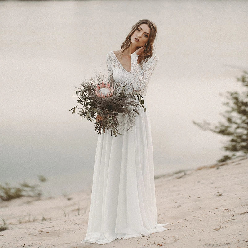 Long Sleeve Beach Wedding Dress Chiffon Lace Wedding Gowns V-Neck Open Back Bridal Dresses OKV23