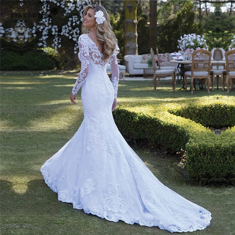 Long Sleeve Wedding Dresses Mermaid Bride Dresses Plus Size Lace Appliques OKV10