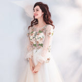 Pretty A Line Long Sleeves Tulle Appliques Prom Dress With Flowers OKG69