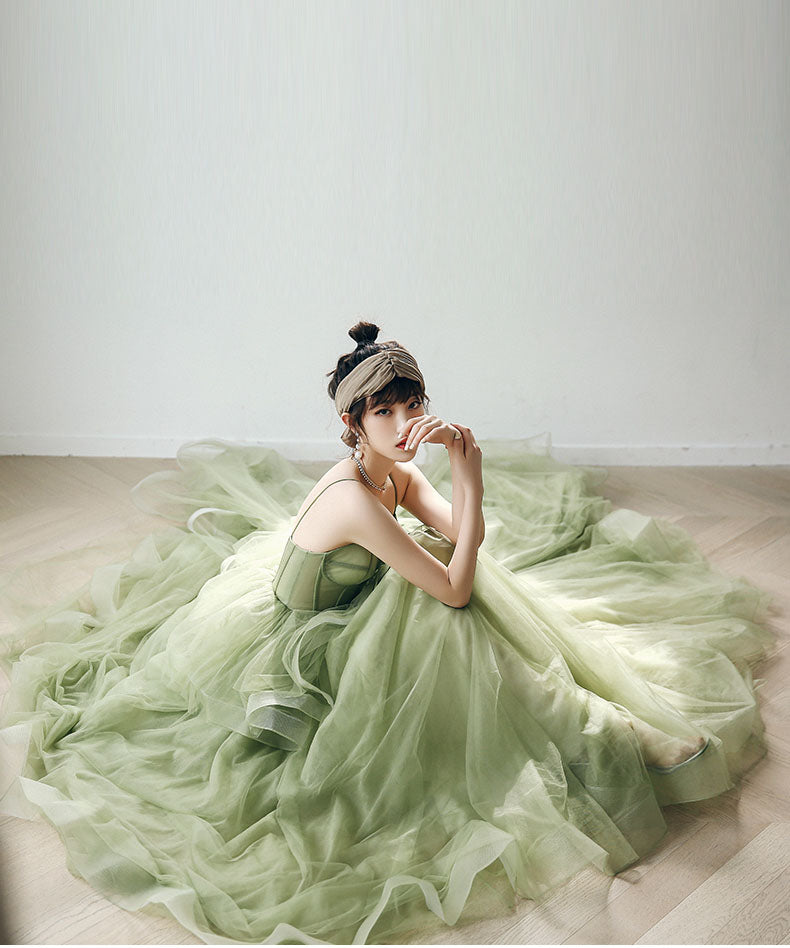 Spaghetti Straps Mint Green Ball Gown Formal Prom Gowns A Line Tulle Evening Dresses OK1447