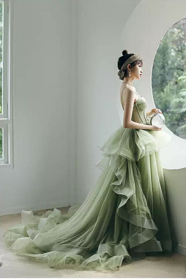 Spaghetti Straps Mint Green Ball Gown Formal Prom Gowns A Line Tulle Evening Dresses OK1447