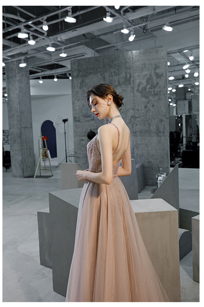 Stunning A-line SpaghettI Straps Long Tulle Zipper Back Prom Dress OKT26