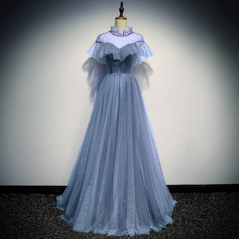 A Line High Neck Tulle Short Sleeves Prom Dress Long Evening Party Dress OKQ73