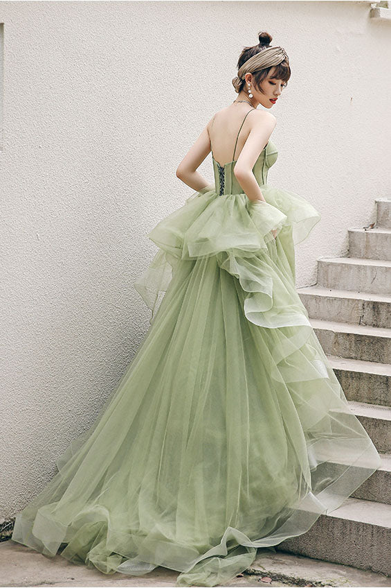 Spaghetti Straps Mint Green Ball Gown Formal Prom Gowns A Line Tulle Evening Dresses OK1447