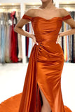 Orange Mermaid Satin Off-the-Shoulder Prom Dresses, Long Formal Evening Dresses OK2008