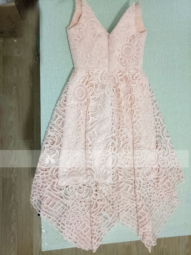 Navy Blue/Pink Deep V-neck Spaghetti Straps Sleeveless Asymmetry Lace A-line Bridesmaid Dresses OK236
