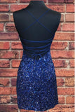 Tight Navy Blue Sequined Party Dress Sheath Short Homecoming Dress OKZ70