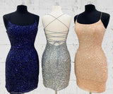 Tight Navy Blue Sequined Party Dress Sheath Short Homecoming Dress OKZ70