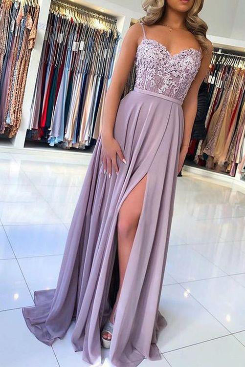 Spaghetti Straps A-line Long Lace Appliques Prom Dress With Slit OKX94