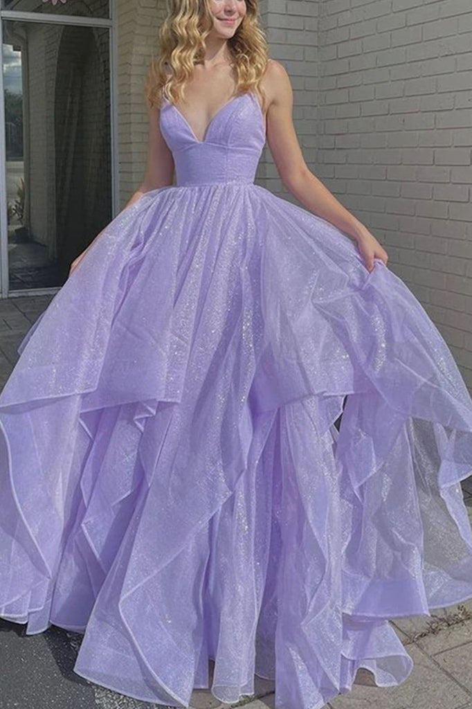 Shiny V Neck Purple Long Prom Dress Spaghetti Straps Long Formal Evening Dress OKX17