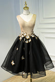 A Line Black V Neck Homecoming Dress, Sleeveless Prom Dress With Butterfly OKN68