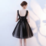 A Line V Neck Black Homecoming Dress, Short Tulle Appliques Prom Dress OKN63