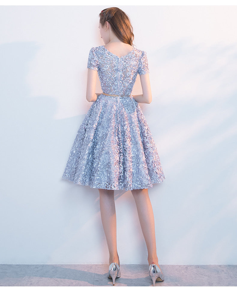 Elegant Lace A-Line Short Light Blue Homecoming Dresses OKC95