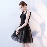 A Line V Neck Black Homecoming Dress, Short Tulle Appliques Prom Dress OKN63