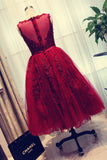 Charming Red A-Line Lace Short Sleeveless Homecoming Dresses OKD9