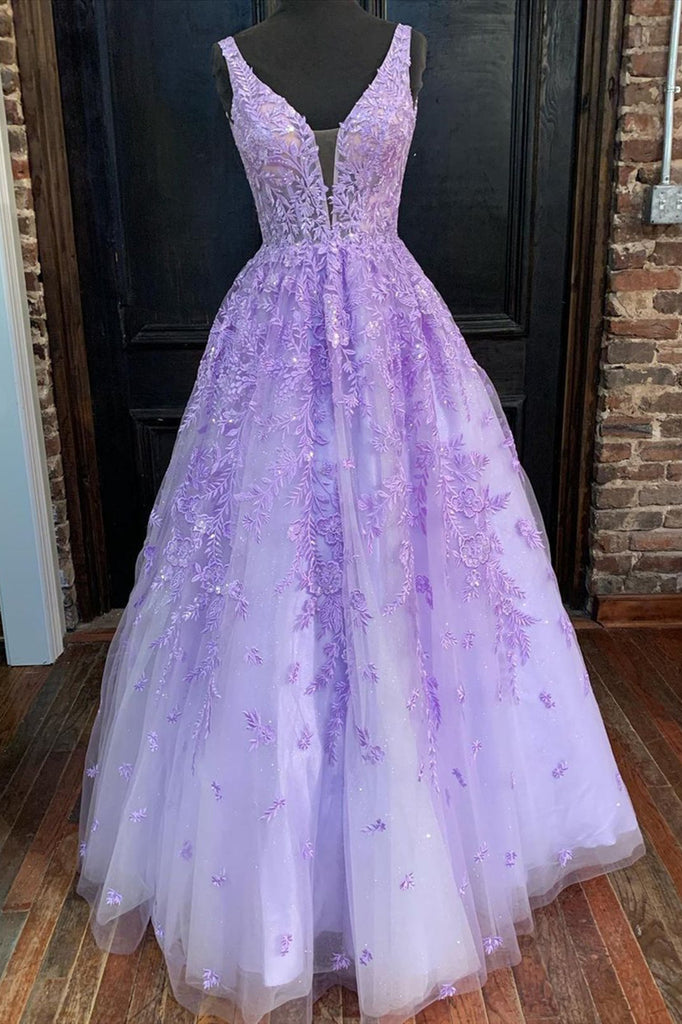 V Neck Purple Lace Appliques Prom Dress A-line Long Formal Evening Dress OKX32