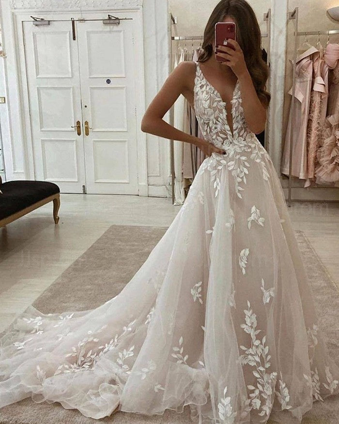 Lace Applique Ivory A-line V-Neck Wedding Dress Cheap Bridal Dress OKU81