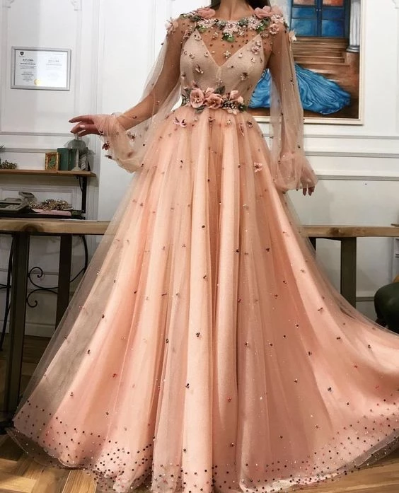 A line Long Sleeves Prom Dress 3D Flowers Prom Dress Formal Evening Dress OKR44