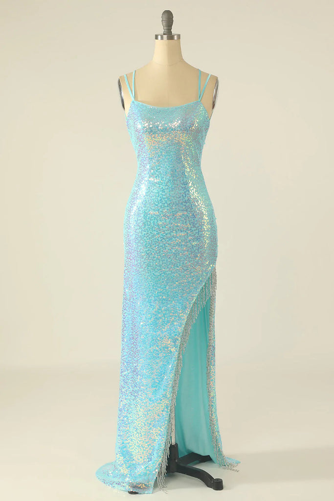 Lavender Sequin Sheath Long Prom Dress with Fringes Formal Evening Dress OK1635