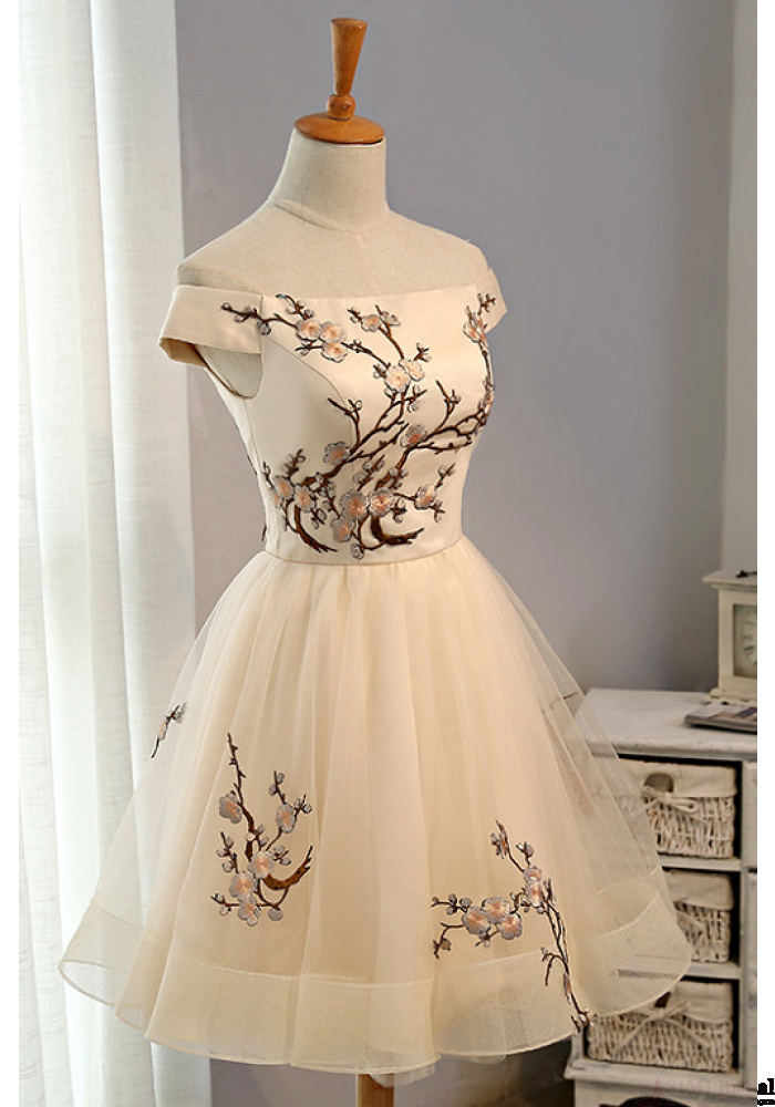 Embroidery Homecoming Dresses,Tulle Short Party Dress,A Line Prom Dresses OK495