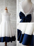 A-line Scoop Sleeveless Bowknot Floor-Length Lace Flower Girl Dress With Navy Sash OK723