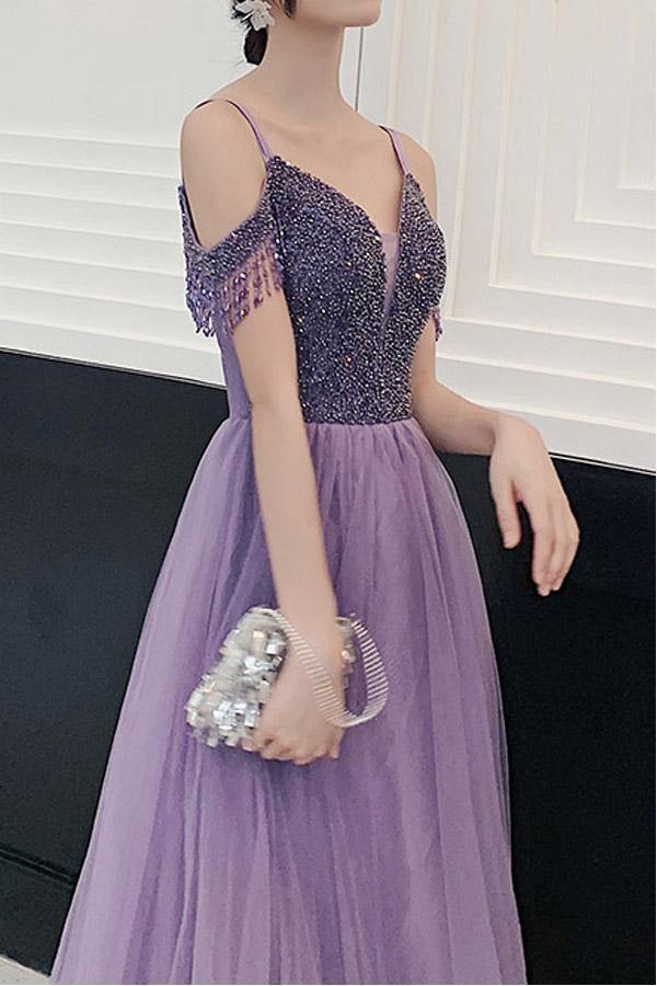 Chic Cold Shoulder Beading Lilac Tulle A Line Long Prom Party Dress OK1394