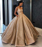 Beaded Sequins Gold Ball Gown Prom Dresses with Pockets,Long Quinceanera Dresses OKE59