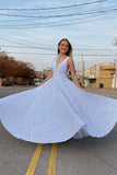 Sparkly Sequins V Neck A Line Long Prom Dress Formal Evening Dress OK1297