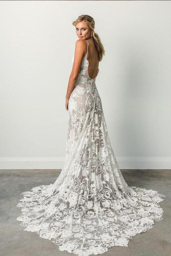 New Arrival Lace Backless V-Neck Ivory Spaghetti Straps Beach Wedding Dresses OKC71