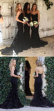 Mermaid Style Sweetheart Sweep Train Black Long Bridesmaid Dresses with Lace OK449