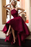 Burgundy Prom Dresses,Asymmetrical Prom Gown,High Low Prom Dress,Lace Prom Dress