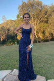 Navy Blue Sequin Long Prom Dresses Mermaid Cross Back Evening Party Dresses OK1939