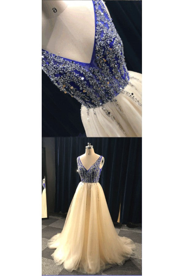 A Line V Neck Beading Tulle Long Prom Dresses, Party Dresses OKE84