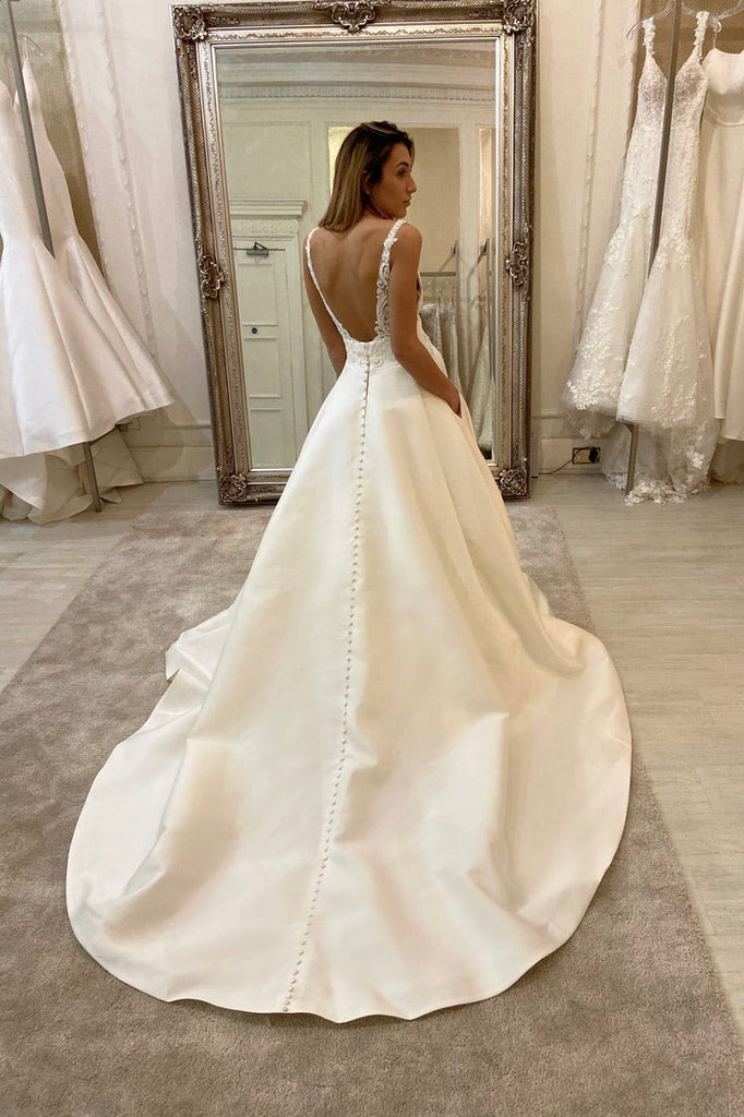 White Deep V Neck Satin Lace Top Long Prom Dress Wedding Dress OKU41