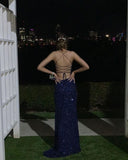 Navy Blue Sequin Long Prom Dresses Mermaid Cross Back Evening Party Dresses OK1939