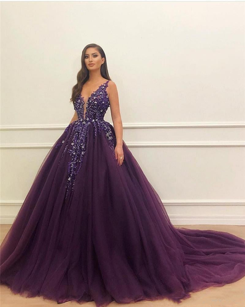 Elegant Purple Tulle V-neck Neckline Floor-length Ball Gown Prom Dress OK1410