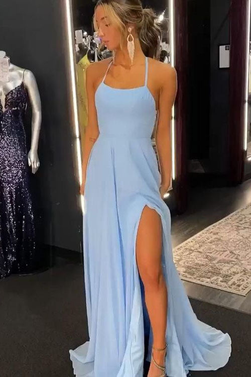 Sky Blue Chiffon Prom Dresses Halter Sheath Long Evening Party Dress OK1937