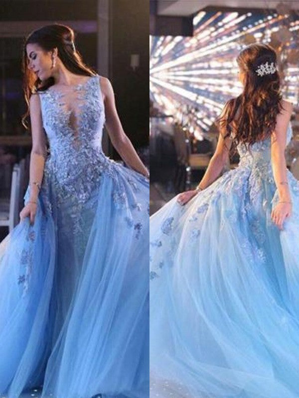 Sky Blue Tulle Sleeveless Scoop Appliques Long Prom Dress OK1304