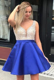 A Line V Neck Sleeveless Homecoming Dresses, Beading Satin Short Prom Dresses OKN41