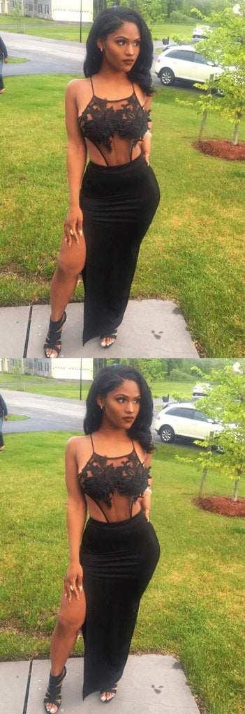 Split Black See-Through Long Prom Dress,Sexy Party Dresses OKE18