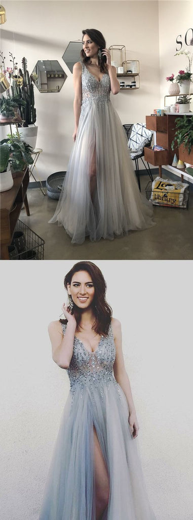 A-Line V Neck Long Grey Tulle Split Prom Party Dresses with Sequins OKF70