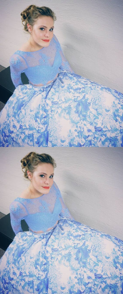 Two Piece Prom Dress With Long Sleeves, White Blue Printed Prom Dresses OKH51