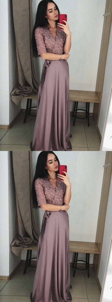 A Line V-Neck Half Sleeves Purple Long Prom Dresses with Lace Top OKF7